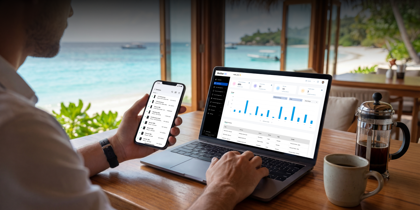 BioStar Air Cloud-Zutrittskontrolle – Zentrales Dashboard auf Desktop und Mobilgerät